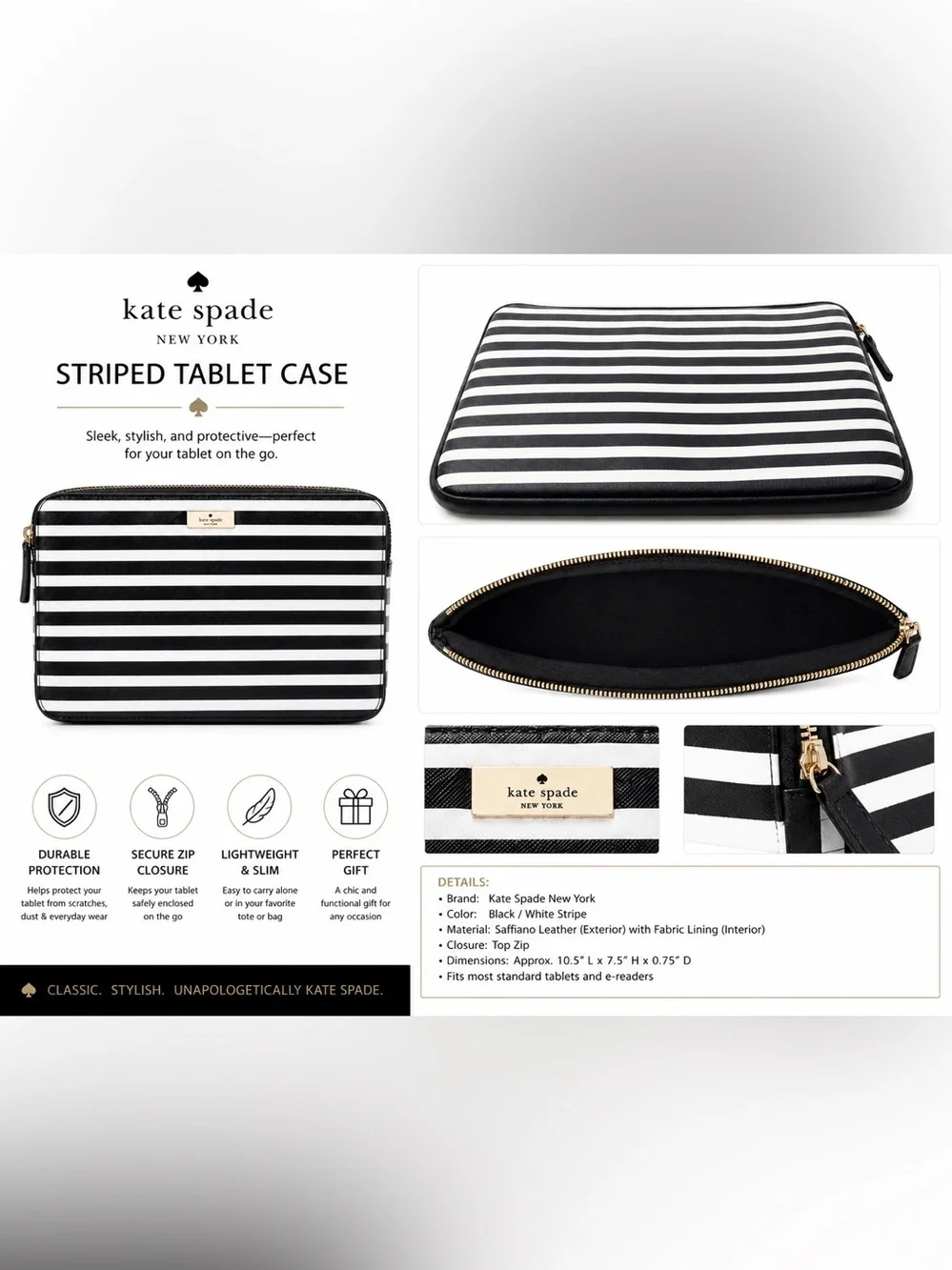 kate spade Black & White Striped Tablet Sleeve with Gold Accents